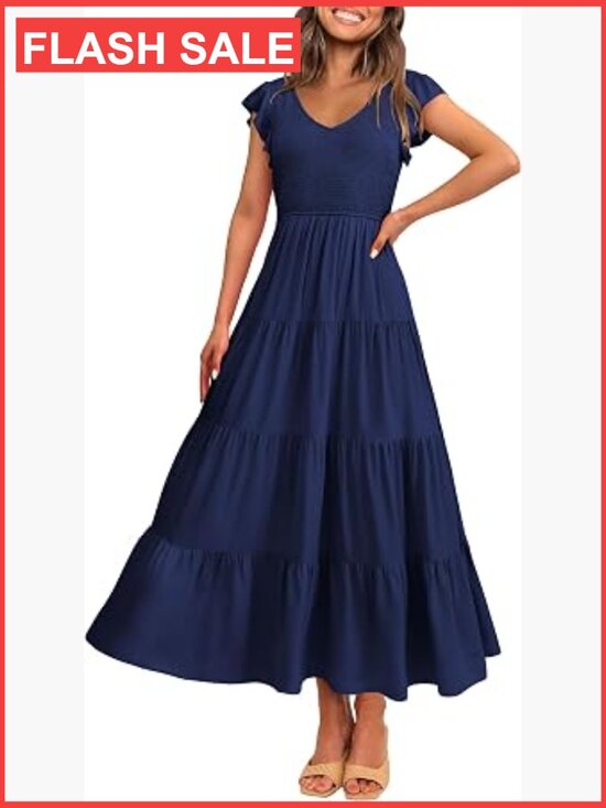 Dresses & Skirts - Women's Smocked Flowy Maxi Dress V-Neck Cap Sleeve A-Line Summer
